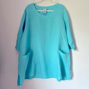 Match Point USA Aqua Women's Linen Oversized Lagenlook Top Large Pockets Summer